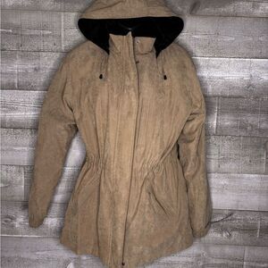 St John’s Bay women medium vintage zip up button up Tan velvet Hooded Jacket